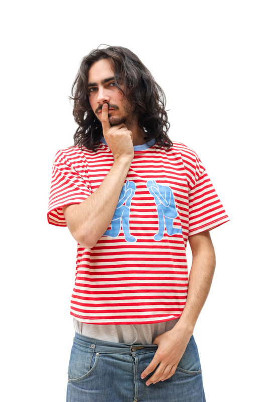 marinière wace manche courte rouge et blanche col bleu double logo 