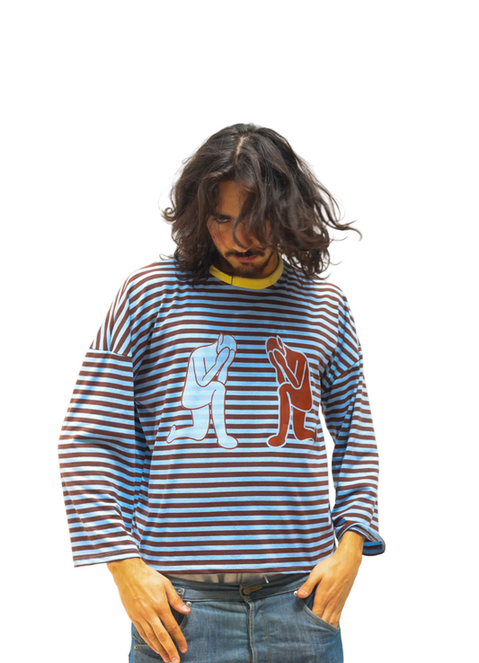 t shirt manche longue wace bleu et marron double logo bi color col jaune 